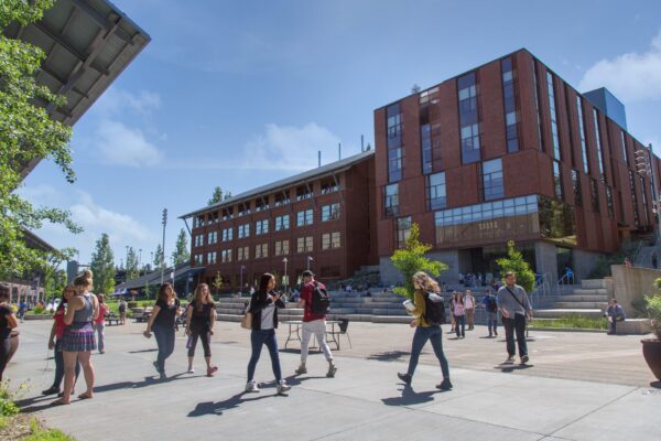 A group of people walking on campus.