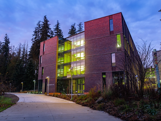 Front shot of Innovation Hall at dusk. 