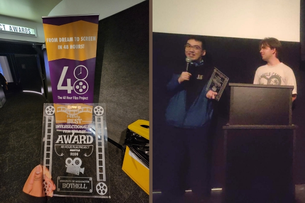 Left: A student-made acrylic award plate made for the elected winner at the event ceremony; Right: Students announcing the winner at the ceremony