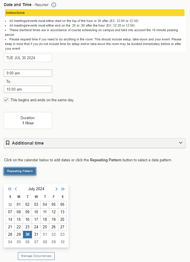 This is the date and time section of the 25Live Event Form with the additional time section and visual calendar.