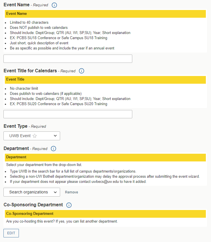 25Live basic information section of the Event Form. This includes the Event Name, Event Title for Calendars, Event Type, Department, and Co-Sponsoring Department.