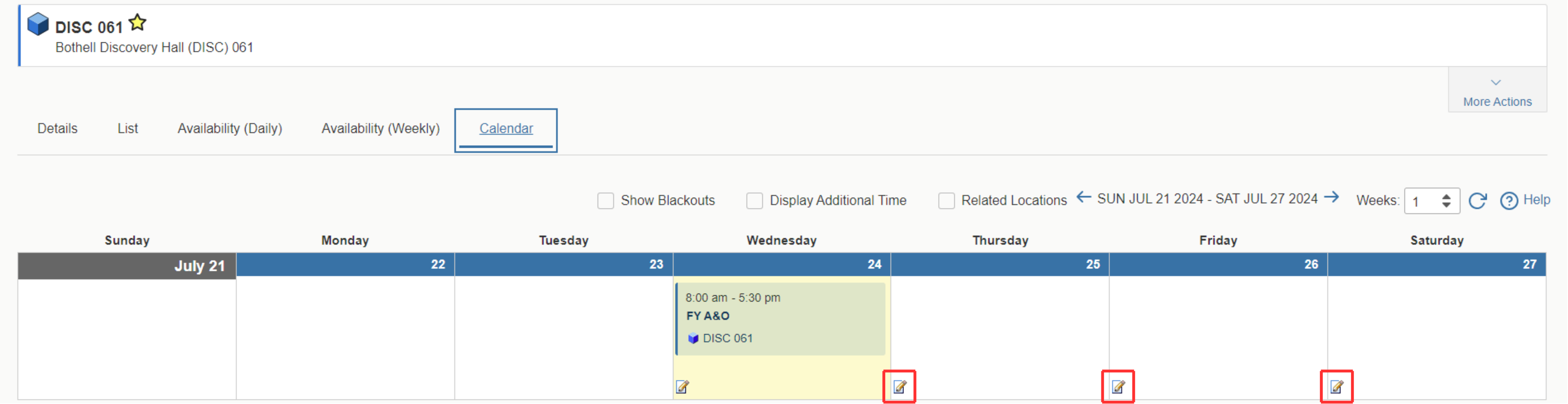 25Live calendar view from the selected location with a focus on the pencil icon to open an event form.