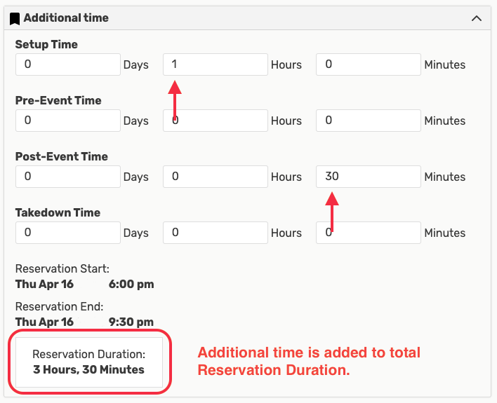 This is the additional time section on 25Live's Event Form. Additional time is added to the total Reservation Duration.