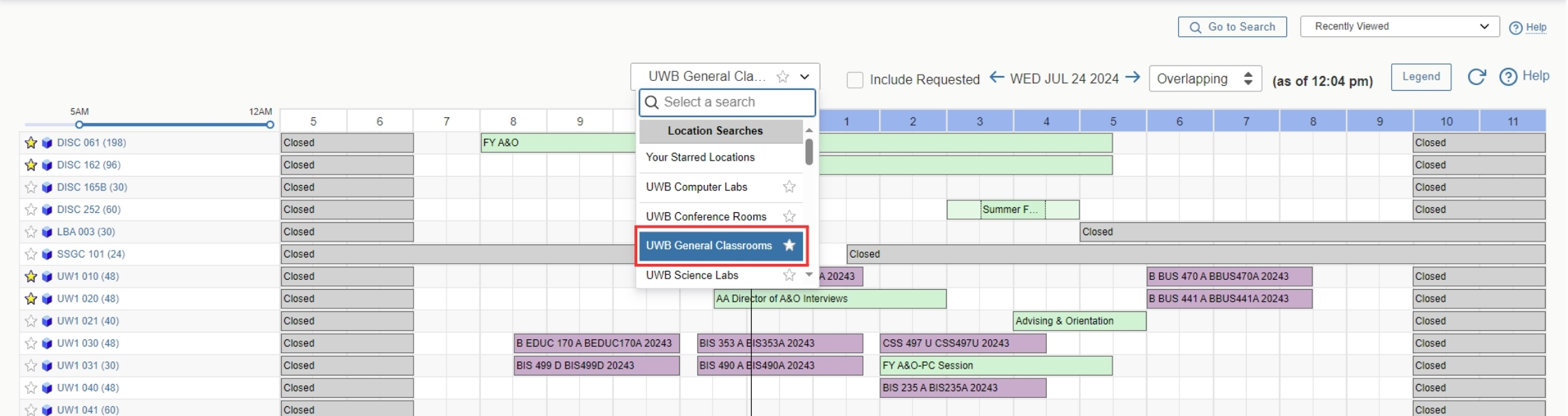 25Live Availability with one of the location groups in the drop-down menu highlighted.