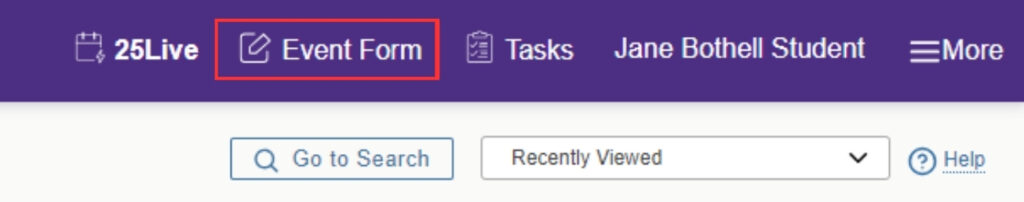 25Live dashboard top navigation bar with the Event Form button highlighted.  
