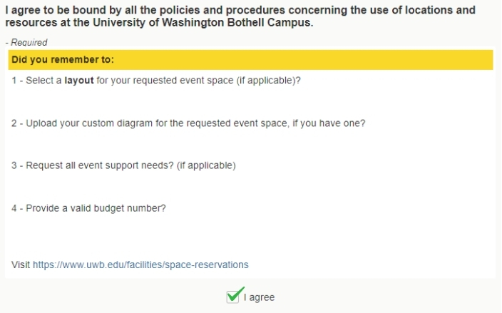 25Live review checklist at the end of the Event Form. There is a set of questions to review the checklist about the event.