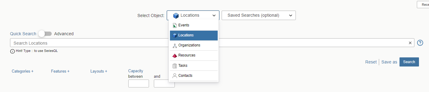 The "Locations" option is selected under the "Select Object" drop-down menu on 25Live.