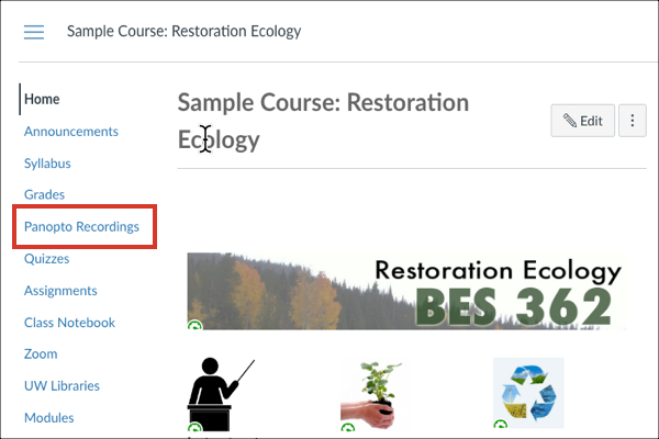 Panopto Recordings shown on course menu