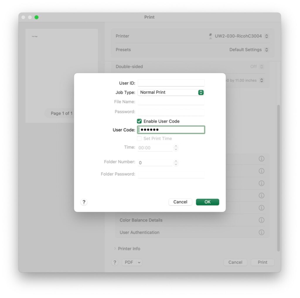 Job Log window showing the Enable User Code option checked and the User Code field.