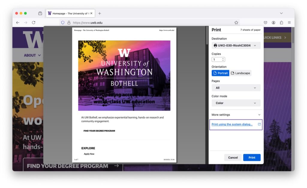 Browser print window showing the Print using the system dialog... option highlighted.