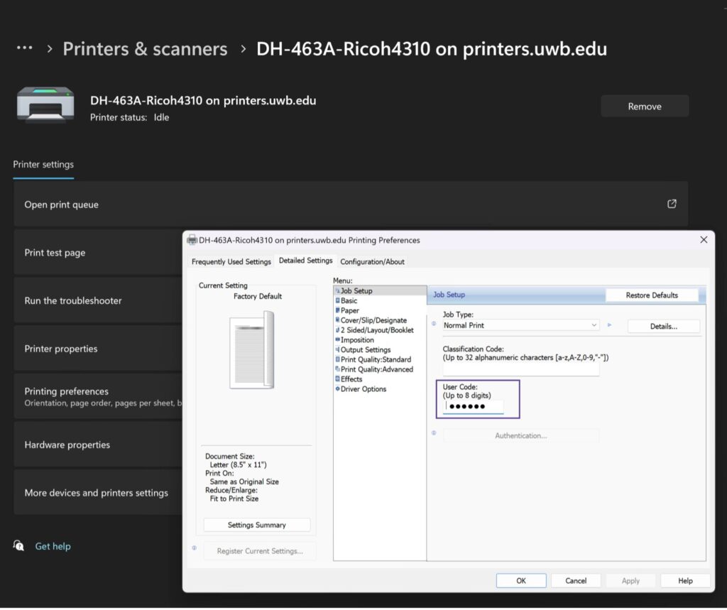 Sample printer job setup screen showing the User Code text field.