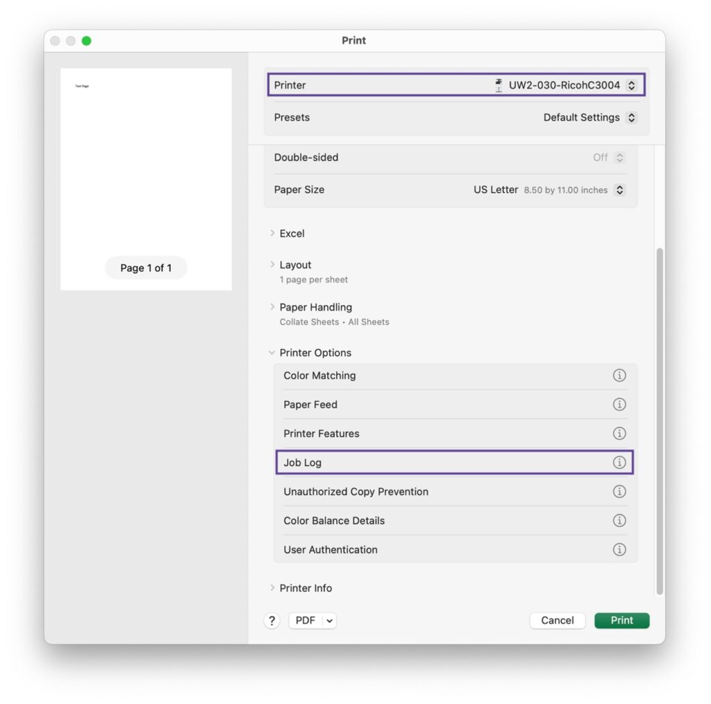 macOS print window showing printer name, presets as Default Settings, Double-sided (off), Paper Size (8.50 by 11.0 inches), Excel, Layout, Paper Handling and other printer options.