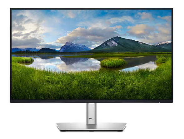 Dell monitor on a base showing a photo of a colorful mountain scene