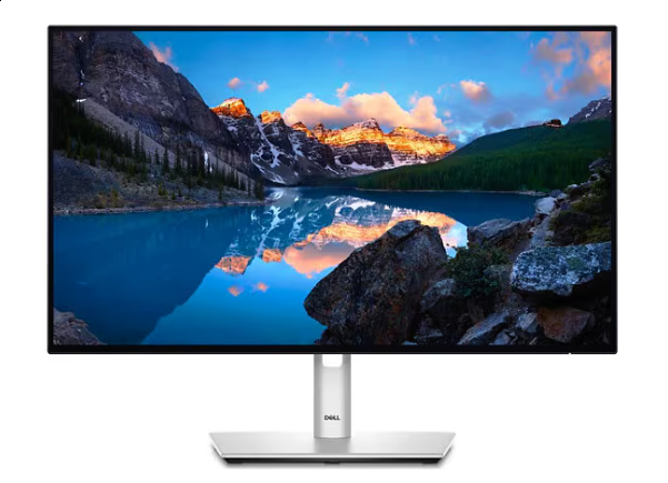 Dell UltraSharp monitor on a base showing a photo of a mountain scene in great depth