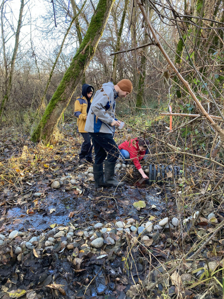 Three people in a wetland area.