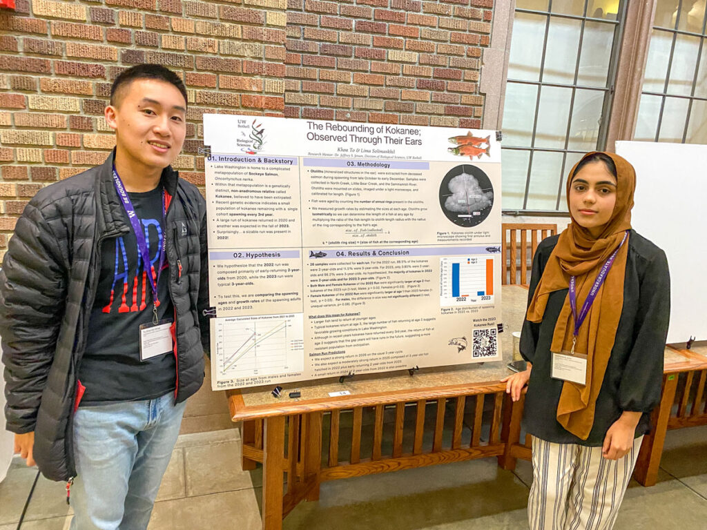 Two people stand next to a poster.