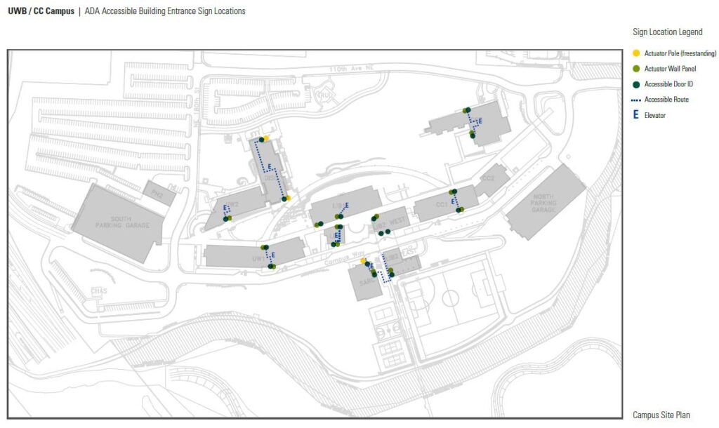 Map showing UWB and Cascadia ADA Accessible Building Entrance Sign Locations.