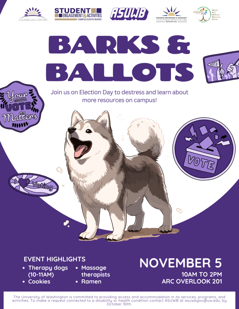 A husky dog surrounded by voting icons. Event highlights are therapy dogs (10-11am), cookies, massage therapists, ramen. Date November 5 10am to 2pm. Location ARC Overlook 201.