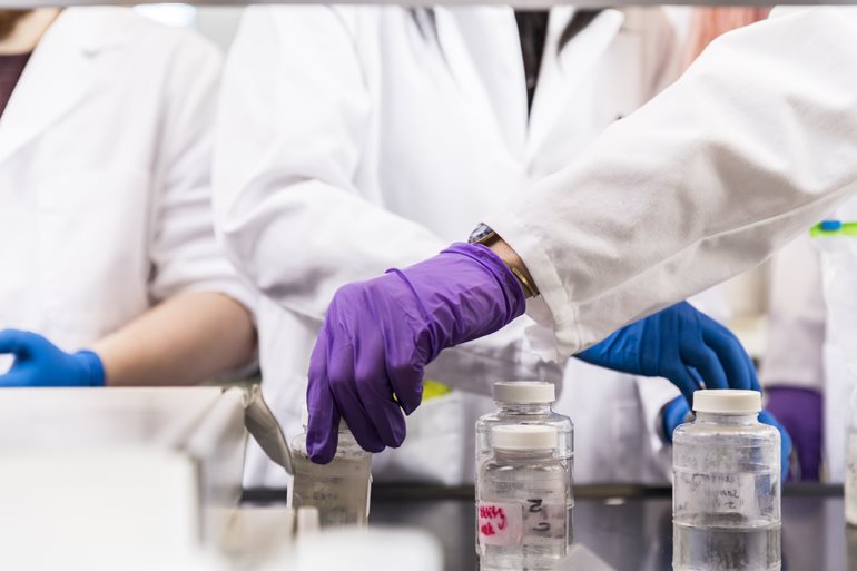 Multiple water samples in the lab.