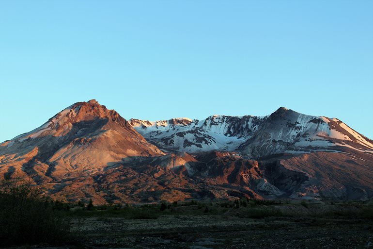 Snow is visible in the crater on top of Mount St. Helens.