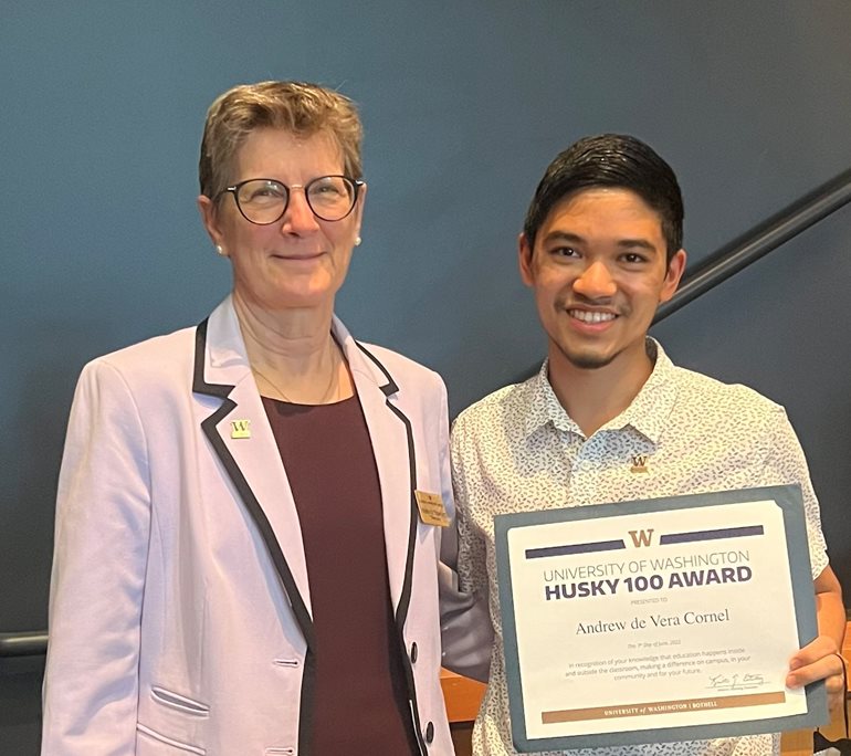 Dr. Kristin G. Esterberg and Cornel celebrating his achievement as a Husky 100 recipient