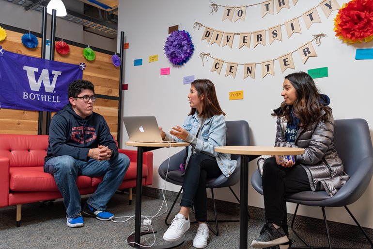 Three of the peer navigators in the Student Diversity Center, from left, Marco Lizarraga, Estaphanie Guzman and Maria Raza.