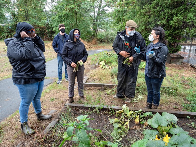 Several people standing around a garden bed